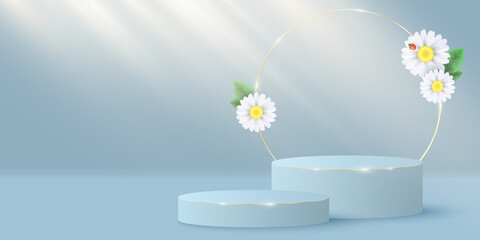 Fototapeta na wymiar Stylish minimal scene and gold circle with plumeria flowers to display your cosmetic product. 3D vector stage or podium. Light beam effect. Seasonal summer mock up.