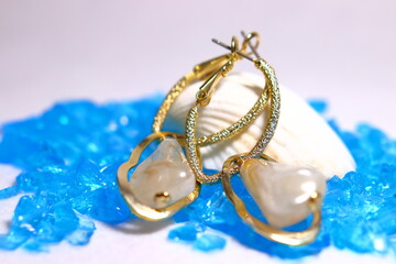 夏っぽいアクセサリーと貝殻(青背景)