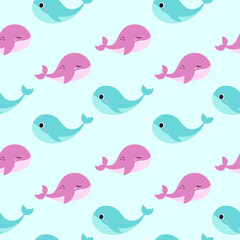 Cute whales seamless pattern. Vector print of purple and blue whale. On a blue background. Ocean Animals
