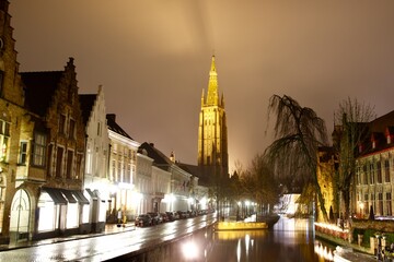 Bruges cityscape at night, Belgium 