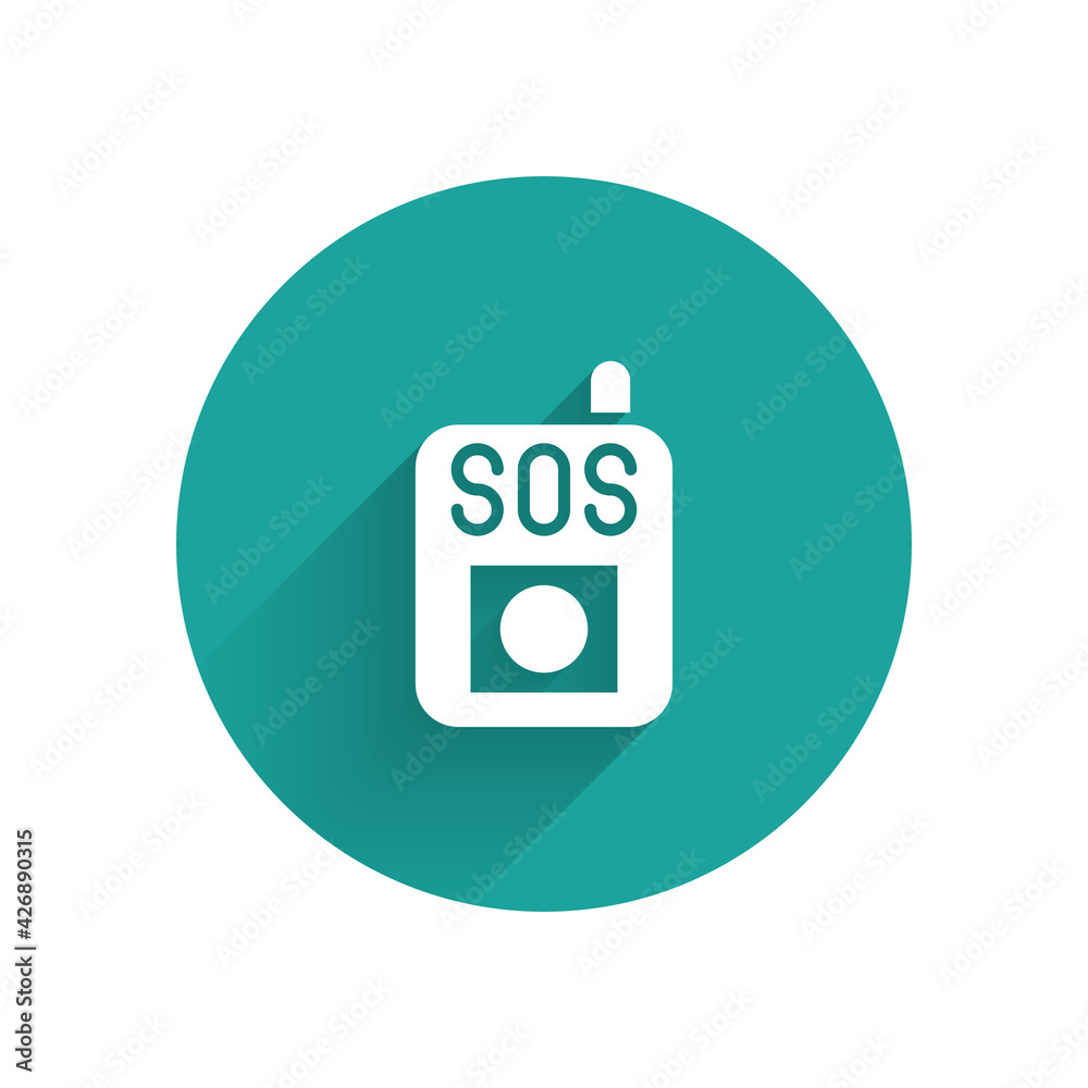 Sticker white press the sos button icon isolated with long shadow. green circle button. vector