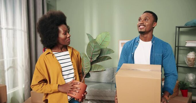 Portrait of cheerful young happy cute family man and woman move in holding cardboard box and palnt in hands. African American couple chatting and discussing decor of house unpacking stuff