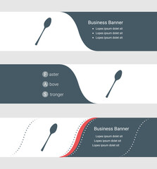 Set of blue grey banner, horizontal business banner templates. Banners with template for text and spoon. Classic and modern style. Vector illustration on grey background