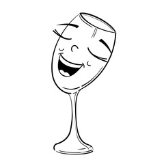 A wine glass in the form of a laughing girl. Funny sketch-style character. Vector isolated on a white background.