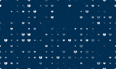 Seamless background pattern of evenly spaced white broken heart symbols of different sizes and opacity. Vector illustration on dark blue background with stars