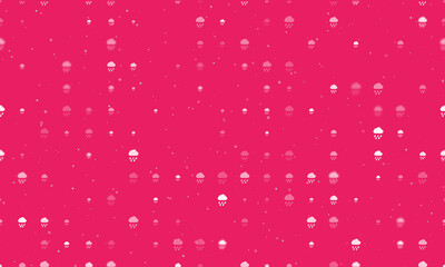 Seamless background pattern of evenly spaced white rain symbols of different sizes and opacity. Vector illustration on pink background with stars