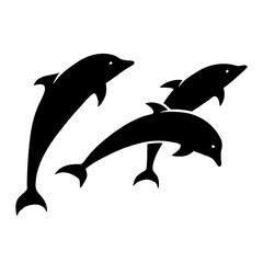 Vector black silhouettes of three jumping dolphins isolated on a white background.