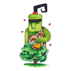 Hand drawn watercolor illustration. Clipart for children design. Cute green forest troll protects nature and its inhabitants. Takes care of bird in nest on tree.