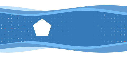 Blue wavy banner with a white pentagon symbol on the left. On the background there are small white shapes, some are highlighted in red. There is an empty space for text on the right side