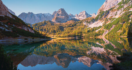 pictorial colorful autumn landscape, tirolean alps, lake Seebensee and Mieminger Alps