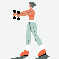 Vector illustration with woman doing sport with dumbbell. Cartoon character