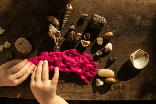 Children Play With Salt Dough On The Kitchen Table. Hands Mold Clay With Their Own Hands To Create Homemade Zero-waist Toys. Creative Lesson With A Test Of Natural Products. Development Of Children In