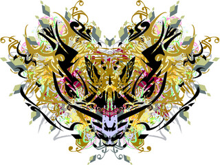 Naklejka premium Tribal colored dragon mask with floral splashes. Grunge dragon head with diamond elements, golden and floral motifs for holidays and events, prints on T-shirts, textile, wallpaper, posters, etc.