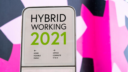 Hybrid Working 2021 with colourful city backdrop location