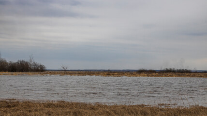 Landscape with a flooded field. On a cloudy day with a grey spring sky. The river is overflowing....