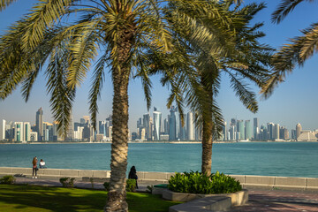 View of Doha's Financial District from the Cornish Waterfront with the Dhows moored in the Persian...