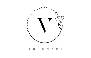 Creative initial letter V logo with lettering circle hand drawn flower element and leaf. - obrazy, fototapety, plakaty