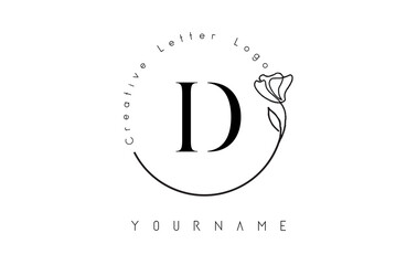 Creative initial letter D logo with lettering circle hand drawn flower element and leaf.