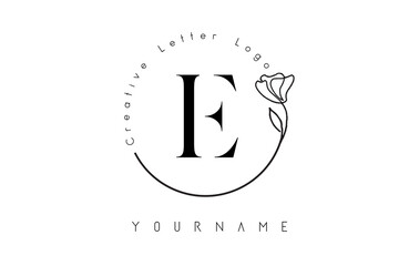 Creative initial letter E logo with lettering circle hand drawn flower element and leaf.