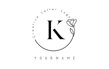 Creative initial letter K logo with lettering circle hand drawn flower element and leaf.