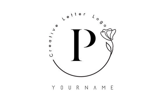 Creative initial letter P logo with lettering circle hand drawn flower element and leaf.
