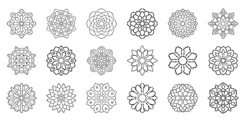 Big set of ornamental round dotted flowers isolated on white background. Black halftone mandalas. Geometric circle elements collection. - 426897762
