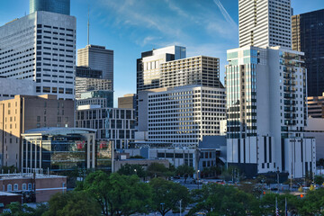 American city downtown with skyscrapers and a park.