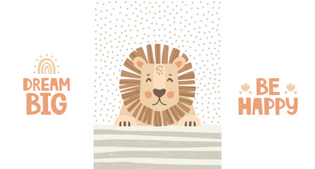 Set of vector illustrations. Cute lion on a textured background. Strip and dot. Handwritten lettering and decorative elements. Dream big and be happy lettering. Postcard, poster in Scandinavian style. © PapaRecipe