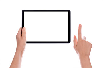 Hands holding black tablet, isolated on white background