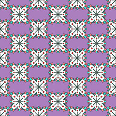 Bright seamless pattern of colored horizontal borders in patchwork style. Square mosaic elements, purple background.