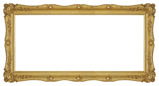 Panoramic golden frame for paintings, mirrors or photo isolated on white background. Design element with clipping path