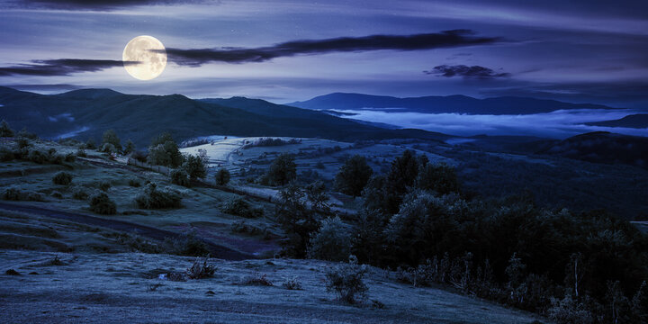 mountainous countryside landscape at night. trees and agricultural fields on hills rolling in to the distant misty valley. ridge beneath a sky in full moon light