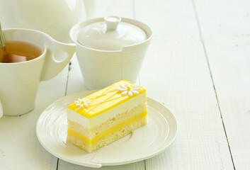 piece of lemon cake on a light background.