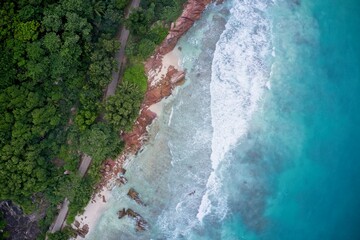 Aerial view of road passing between forest and beach on La Digue, Seychelles.