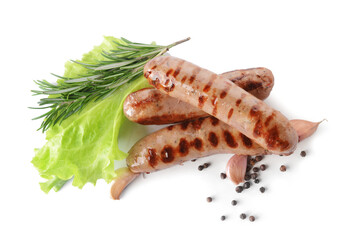 Delicious grilled sausages on white background