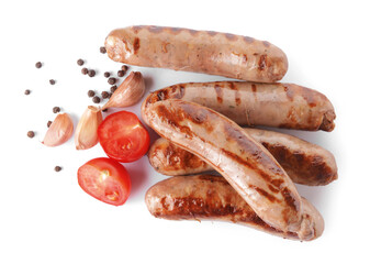 Delicious grilled sausages on white background
