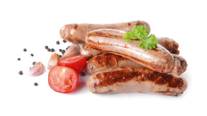 Delicious grilled sausages on white background