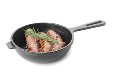 Frying pan with delicious grilled sausages on white background