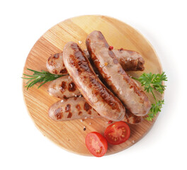 Board with delicious grilled sausages on white background