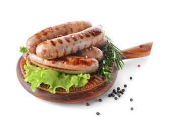 Board with delicious grilled sausages on white background
