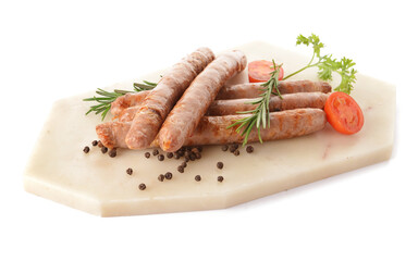 Board with delicious grilled sausages on white background