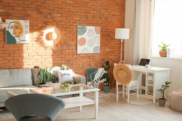 Interior of modern living room with straw hats