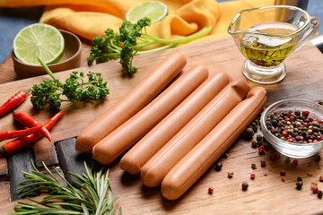 Board with tasty sausages, spices and herbs on color background