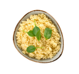 Bowl with tasty couscous and spinach on white background