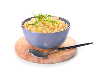 Bowl with tasty couscous and sprouts on white background