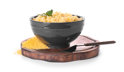 Bowl with tasty couscous on white background