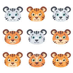 Cute tigers faces. Striped tigers set. Vectoar illustration