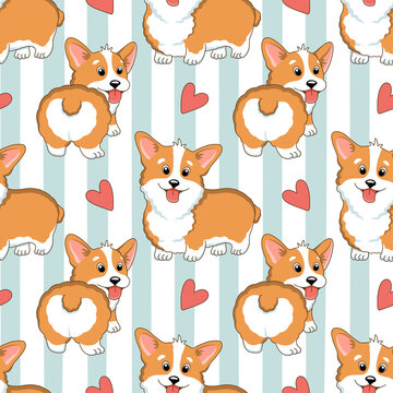 Seamless pattern with cute cartoon lovely corgi dogs and hearts.Vector illustration.