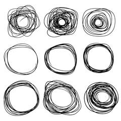 Sketch circle. Black ring set. Abstract geometric shape. Chaotic tangled line.