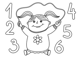 Girl jumping rope and numbers one, two, three, four, five, six. Coloring book for preschoolers that teaches counting.